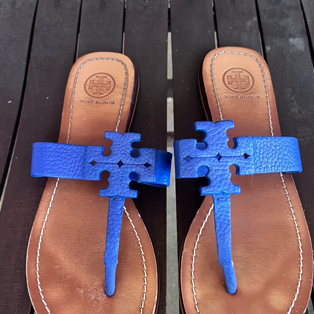 Tory Burch Royal Blue and Tan Sandals
